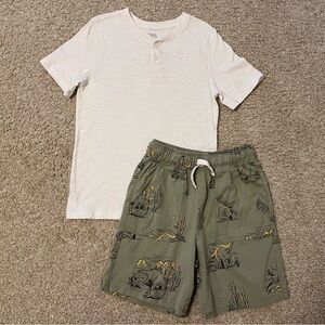 White Henley Shirt and Green Patterned Shorts